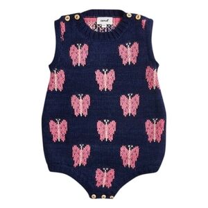 OEUF 100% Baby Aplaca Wool Navy and Pink Butterfly Romper